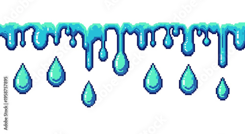Pixel Art Dripping Water Droplets Seamless Border.