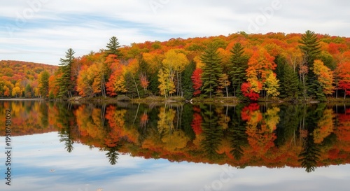 Serene Autumn Forest Reflection by a Calm Lake in Vibrant Fall Colors