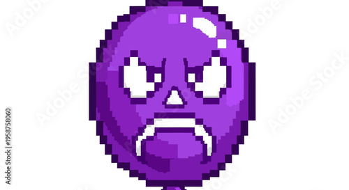 Pixelated Purple Balloon Character with Angry Face.