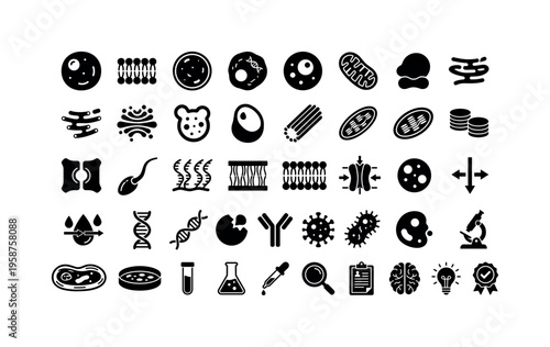 Collection of scientific icons representing cellular biology and research elements