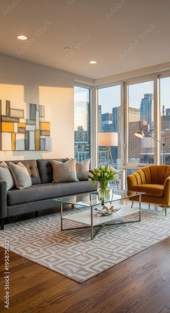 Fototapeta premium Modern Luxury Apartment Living Room With City Views And Sunlight
