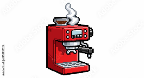 Red Espresso Machine with Steam and Coffee Beans.