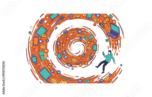 Man pulled into a digital vortex of social media notifications and devices