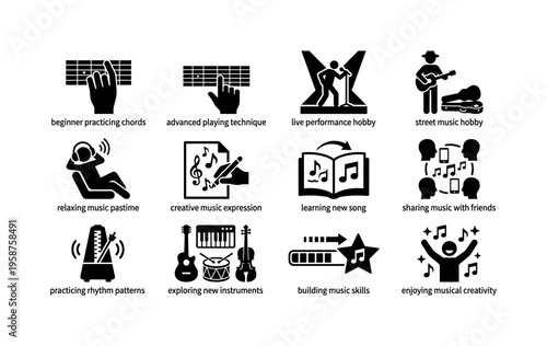 Collection of music hobby icons representing various activities and skills