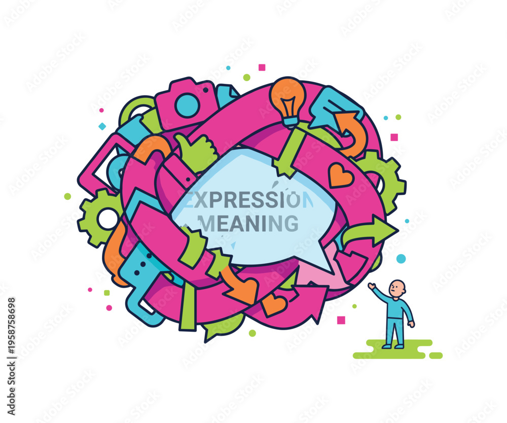 Naklejka premium Abstract concept of expression and meaning with colorful symbols and a small person