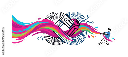 Man pulling colorful ribbon from infinity circuit board symbol