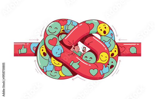 Overwhelmed by social media likes and emojis, a person is trapped in a knot