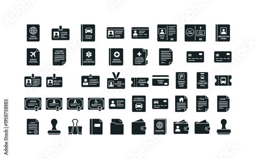 Collection of identification and document icons for official and personal use