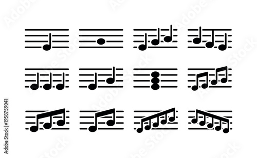 Collection of musical notes and rests on staff lines for education and design