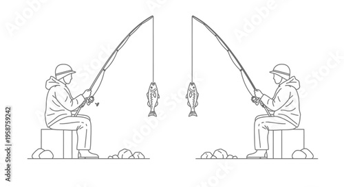 Two anglers wearing hooded outerwear sit opposite each other on solid blocks while casting fishing rods toward small fish suspended on lines.