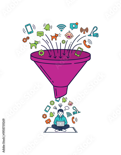 Overwhelmed person with laptop filters digital information overload through a funnel