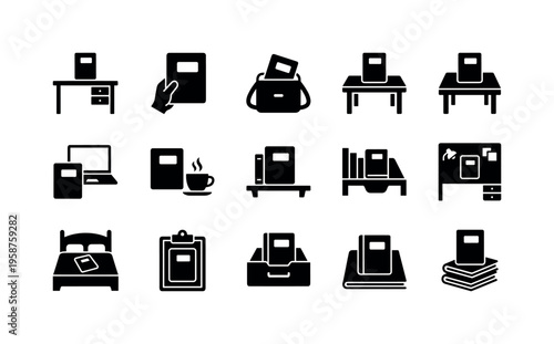 Collection of icons representing books in various environments and situations