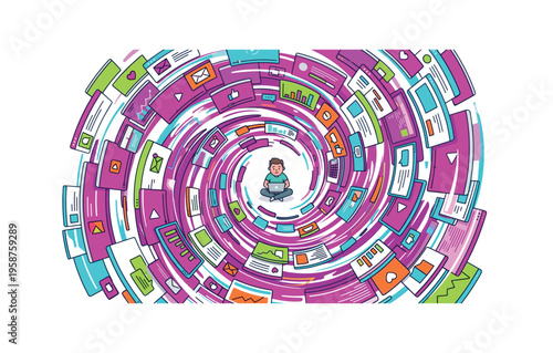 Man overwhelmed by digital information vortex, feeling stressed with laptop