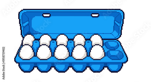 A dozen white eggs in a blue carton.