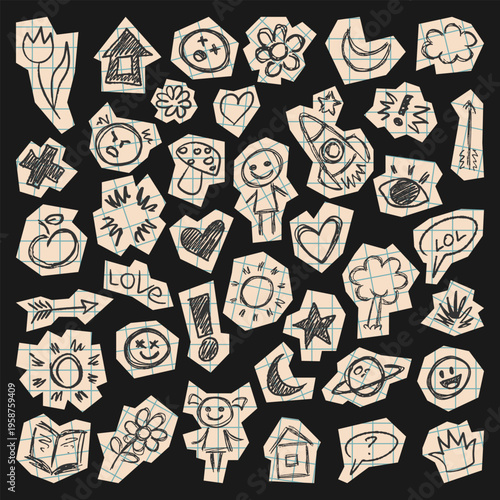 Children's doodles on roughly cut pieces of checkered paper. A set of elements for scrapbooking and other projects. Vector collection