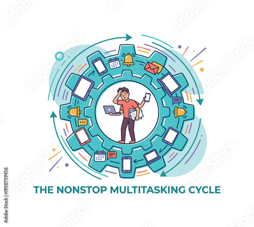 Overwhelmed person stuck in a continuous cycle of digital device multitasking