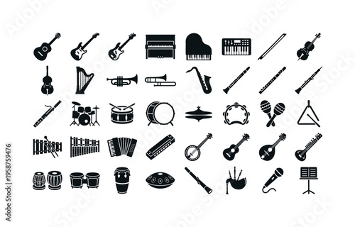 Collection of diverse musical instruments icons for creative projects