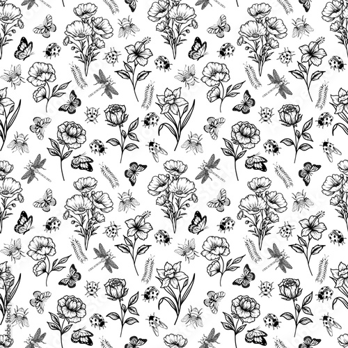 Seamless pattern with insects and flowers. Cute bugs and flowers. Spring background.