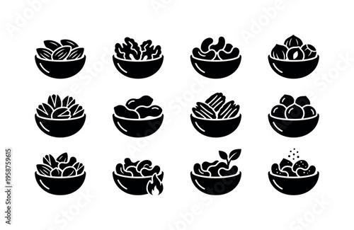 Collection of various nuts and seeds in bowls, presented as simple icons