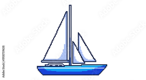 Blue Sailboat with White Sails on White Background.