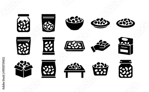 Collection of icons depicting various packaging and serving styles for nuts