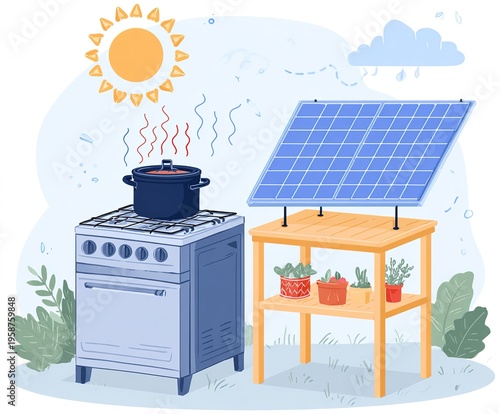 Outdoor Solar Cooking Setup - Stove, Table and Plants