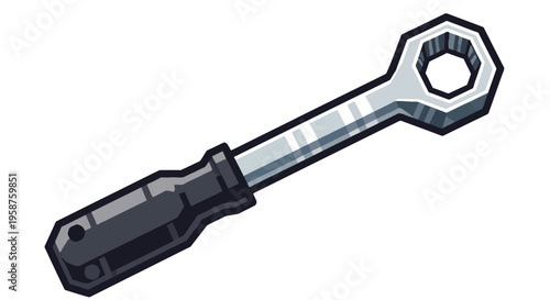 Close-up of a Metal Wrench with Black Handle.