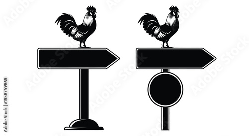 Two black silhouette rooster signs stand ready for directional text placement, one mounted on a pole and the other on a post with a circular plate.