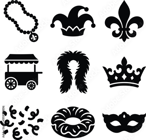 Mardi Gras Carnival Silhouette Icon Set Featuring Traditional New Orleans Festival and Masquerade Symbols