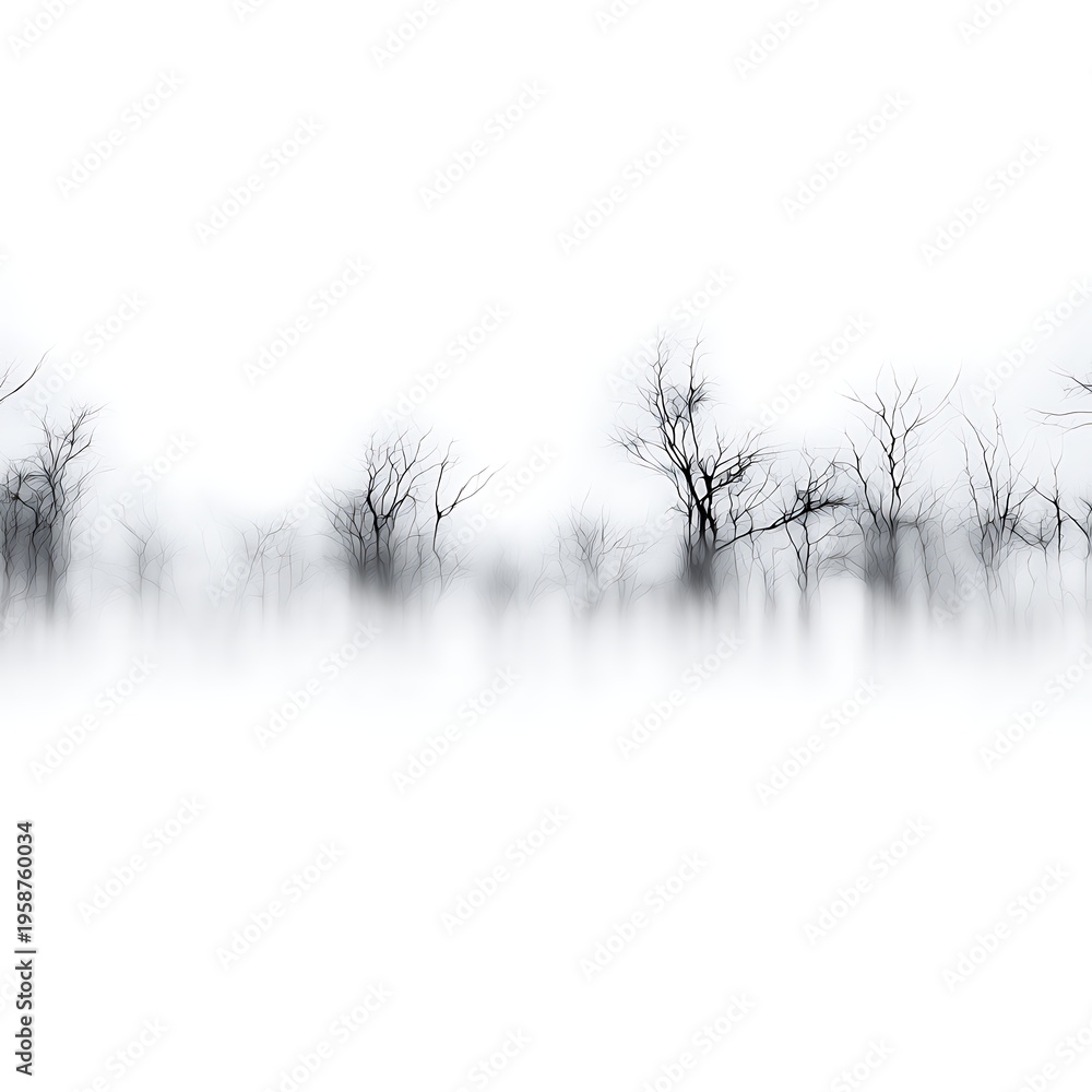 Obraz premium Mysterious river bank in thick grey fog, atmospheric nature background