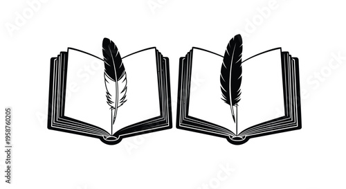Two open books displaying blank white pages are symmetrically paired with dark feather quills resting on the center margins.