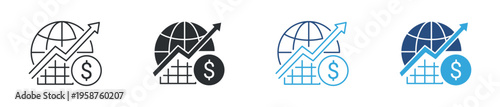 Global financial growth and market expansion icon set. World economy, profit increase and business analytics concept. Vector illustration.