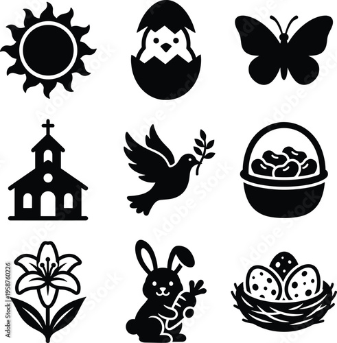 Spring Easter Silhouette Icon Set Featuring Bunny, Hatching Chick, and Religious Architecture