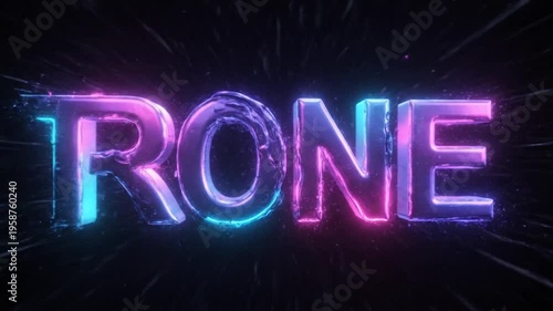 Glowing three dimensional metallic text featuring vibrant neon pink and blue lighting effects against darkness
