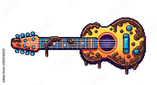 Creative Pizza Guitar Illustration With Chocolate Drizzle.