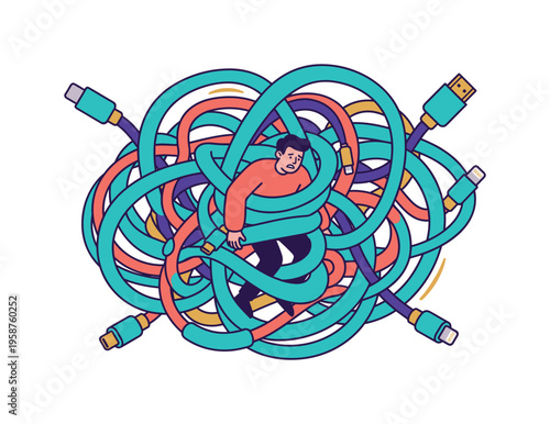 Man tangled in a chaotic mess of colorful electronic cables and connectors