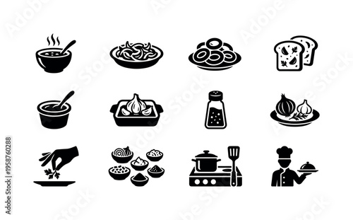 Culinary icons depicting soup, garlic, onions, spices, and chef serving food