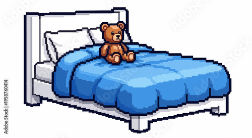 Cute Teddy Bear Sitting on a Cozy Blue Bed.