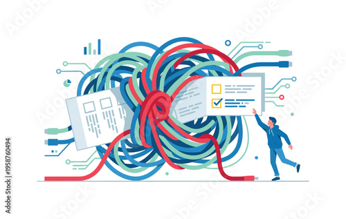Man interacts with tangled digital data streams and complex network connections