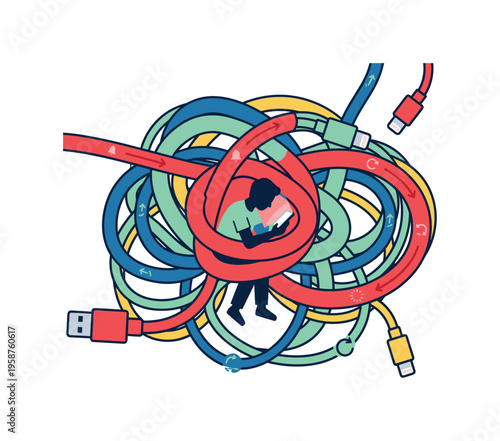 Person overwhelmed by tangled digital cables and notifications on their phone