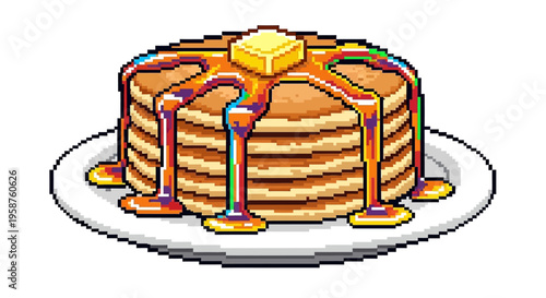 Delicious Stack of Pixel Art Pancakes with Butter and Syrup.