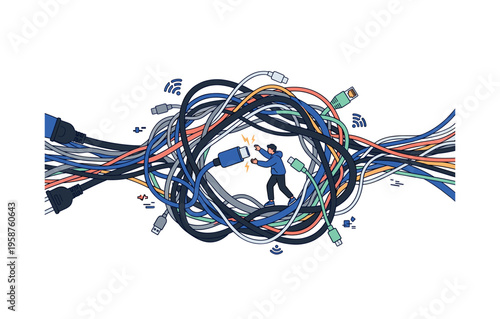 Man tangled in a chaotic mess of colorful electronic cables and wires