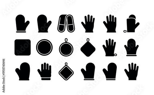 Collection of black kitchen mitts and pot holders in various shapes and sizes