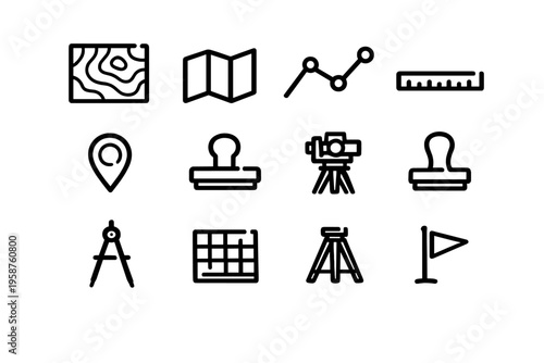 A collection of twelve minimalist black line icons representing