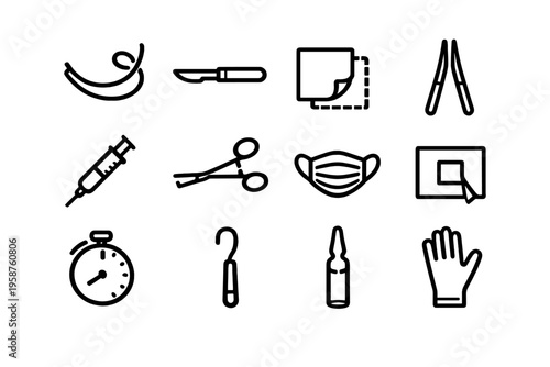 A collection of twelve minimalist black line icons representing