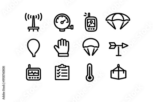 A collection of twelve minimalist black line icons representing