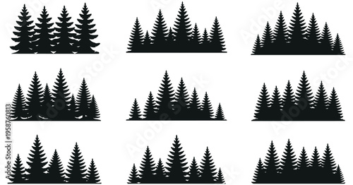 Pine Forest Silhouette Set Featuring Evergreen Tree Collection in Black Woodland Style for Nature Landscape Design, Isolated Vector Illustration, Outdoor Scene Elements and Forest Graphics
