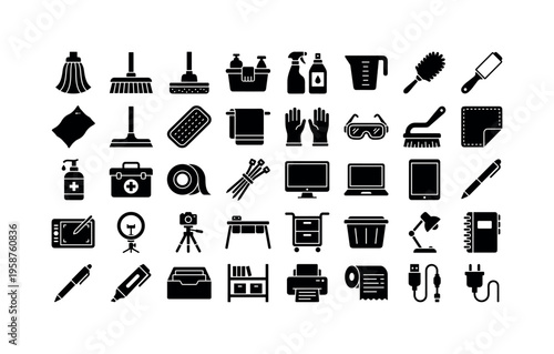Collection of cleaning and office supplies icons for design and illustration