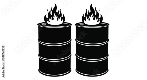 Two industrial black metal barrels stand side by side, each topped with a prominent black silhouette of a flame, suggesting danger or flammable material storage.