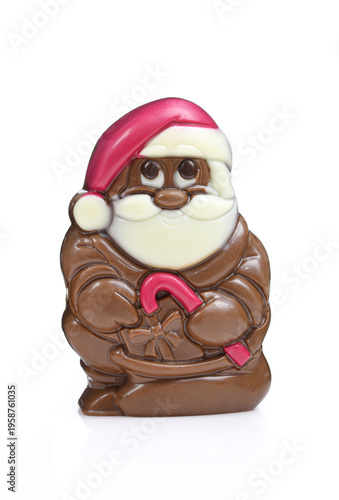 Chocolate santa isolated on white background. Unwrapped Christmas figure treat